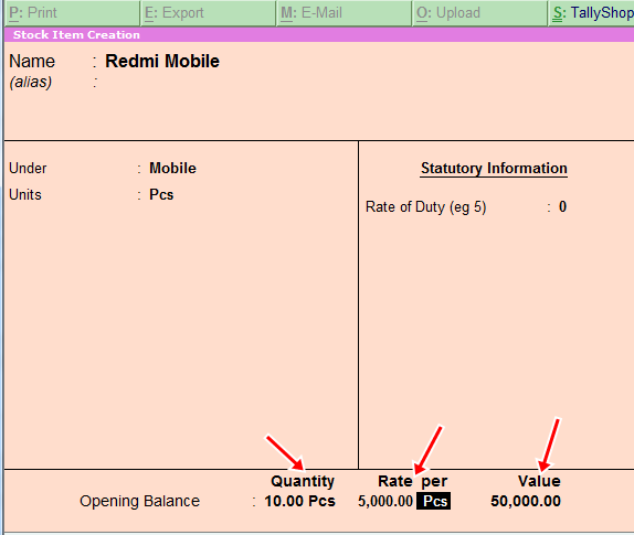 Stock Item quantity And Rate