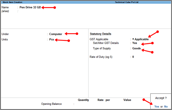 stock item creation